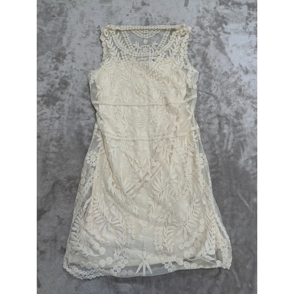 Express Boho Cream Lace Embroidered Mesh Shift Dress Size M Sleeveless Lined EUC